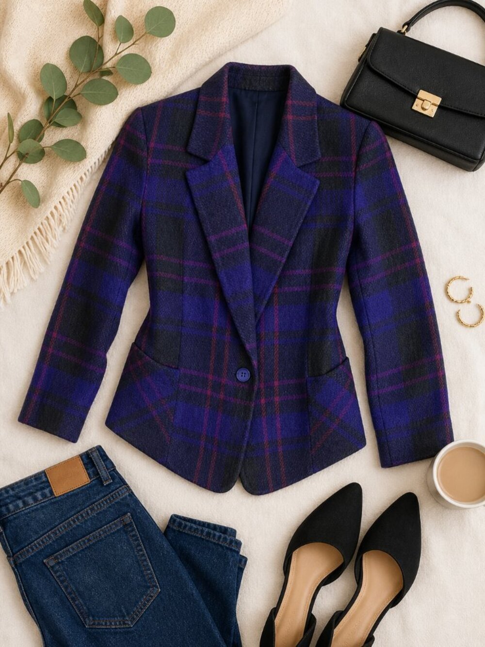 Vintage JG Petite Plaid Blazer Purple Blue Made USA Womens